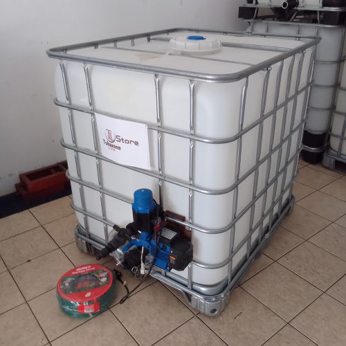 a large white flowbin tank with water pump and a 20m hose